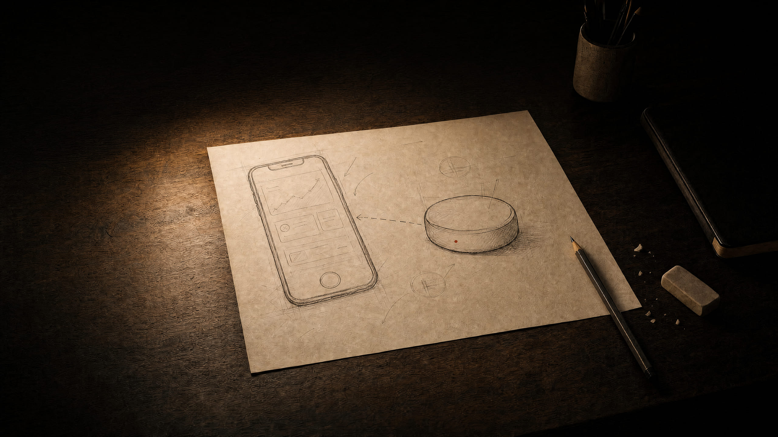 A pencil sketch of an app and a small device on a desk, built into a real phone and device